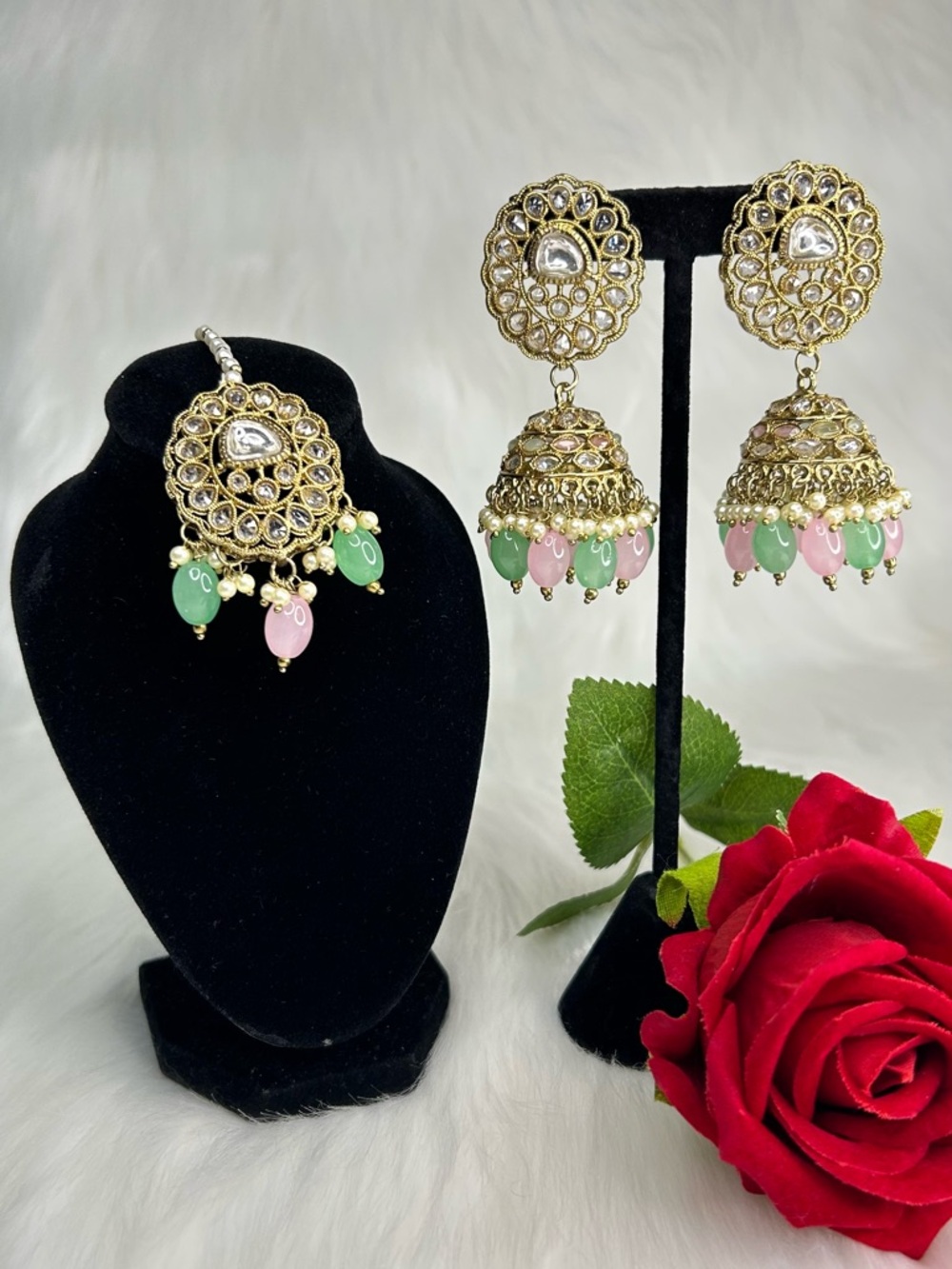 Beautiful Gold With Mint Pink Pearls Jhumka And Tikka Set